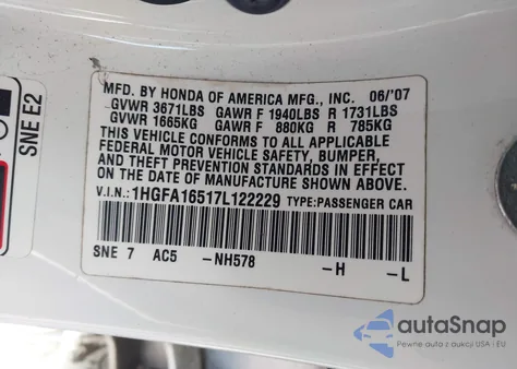 2007 Honda Civic Lx from USA, damaged, VIN 1HGFA16517L122229